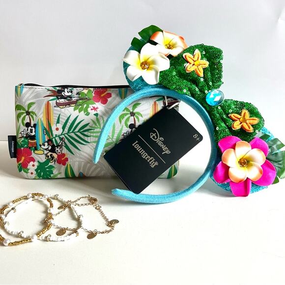 LOUNGEFLY DISNEY Tropical Pouch, Mickey Ears & 3 Beachy Bracelets, 3 NWT ITEMS! - Picture 1 of 13